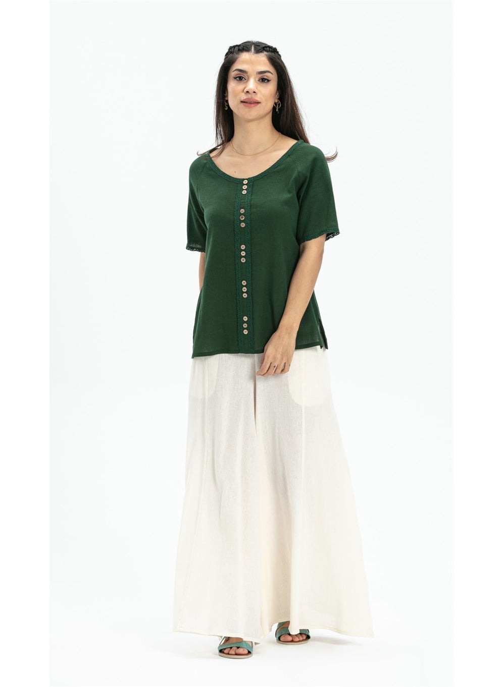 Short Sleeve Şile Cloth Umay Blouse Green Ysl