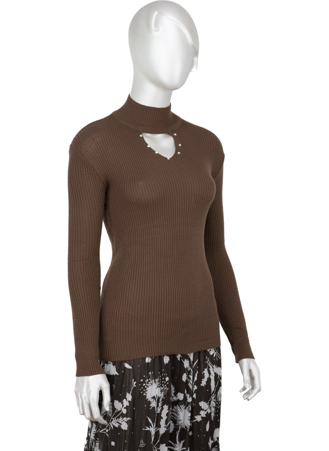 Women's Half Collar and Stone Long Sleeve Knitted Knitwear Sweater