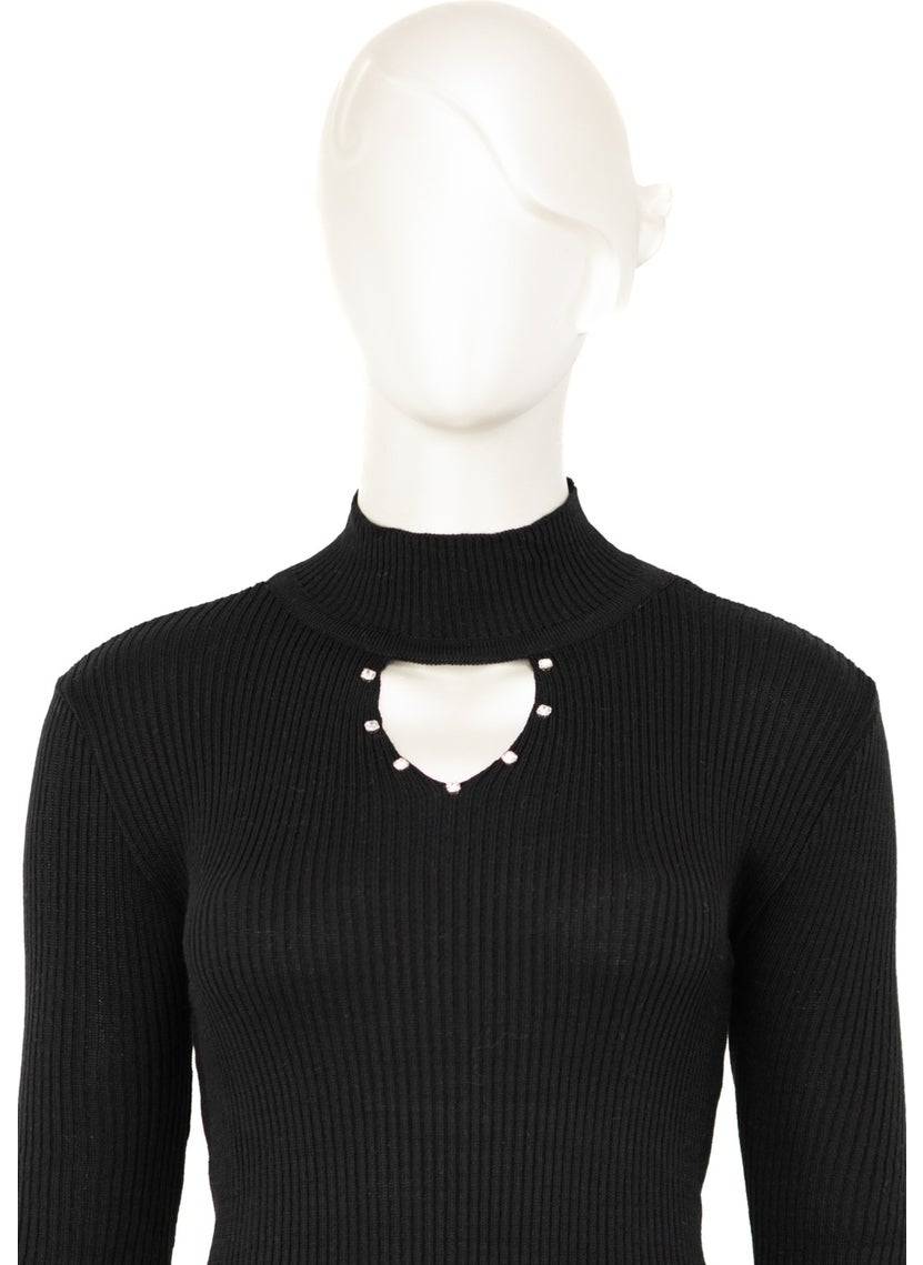 Women's Half Collar and Stone Long Sleeve Knitted Knitwear Sweater