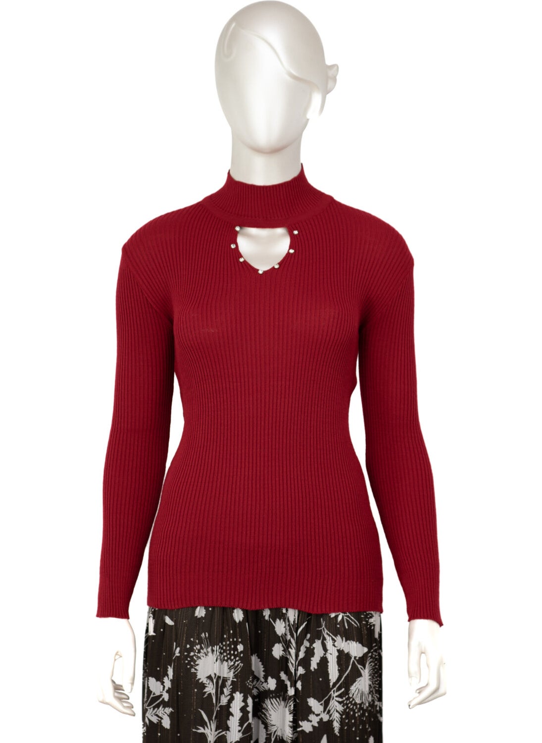 Women's Half Collar and Stone Long Sleeve Knitted Knitwear Sweater