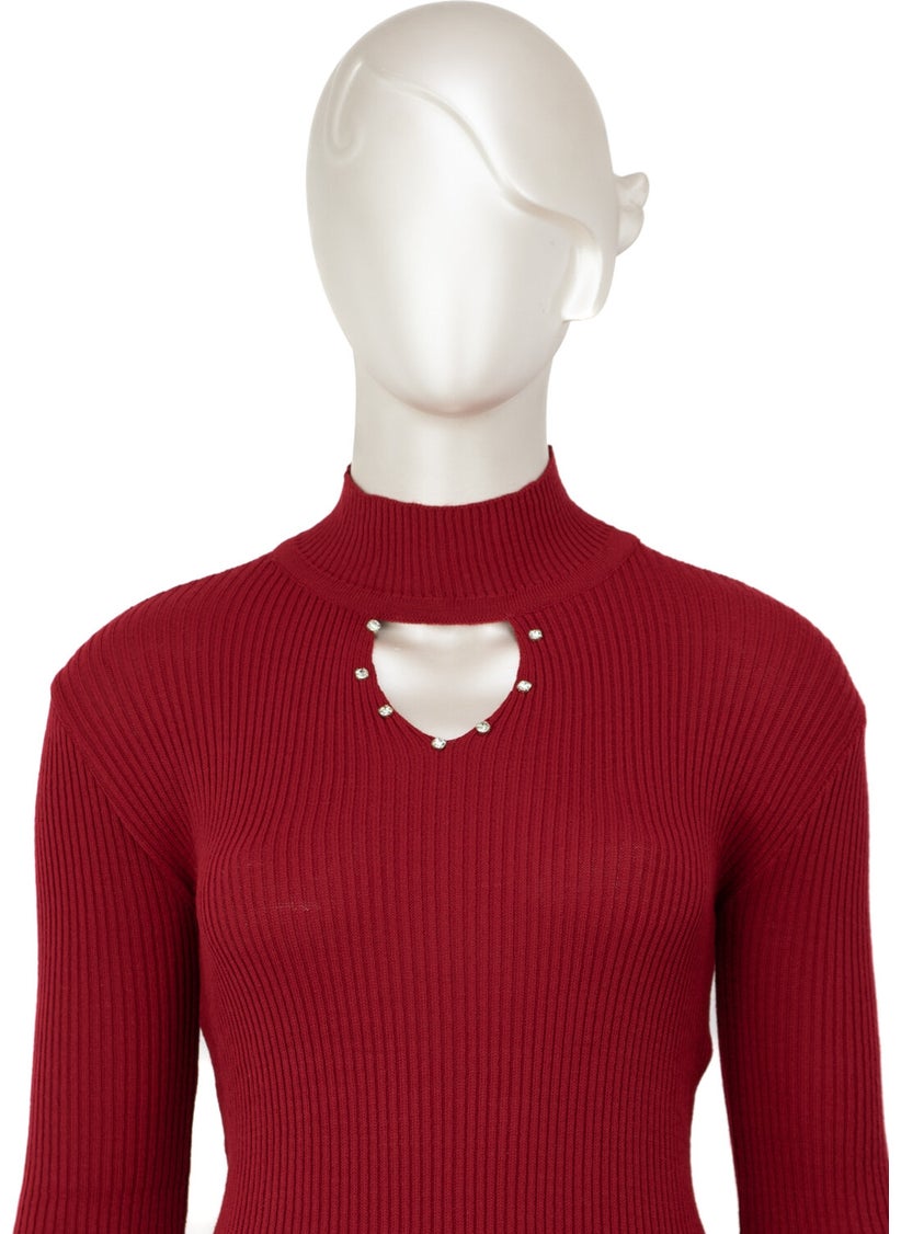 Women's Half Collar and Stone Long Sleeve Knitted Knitwear Sweater