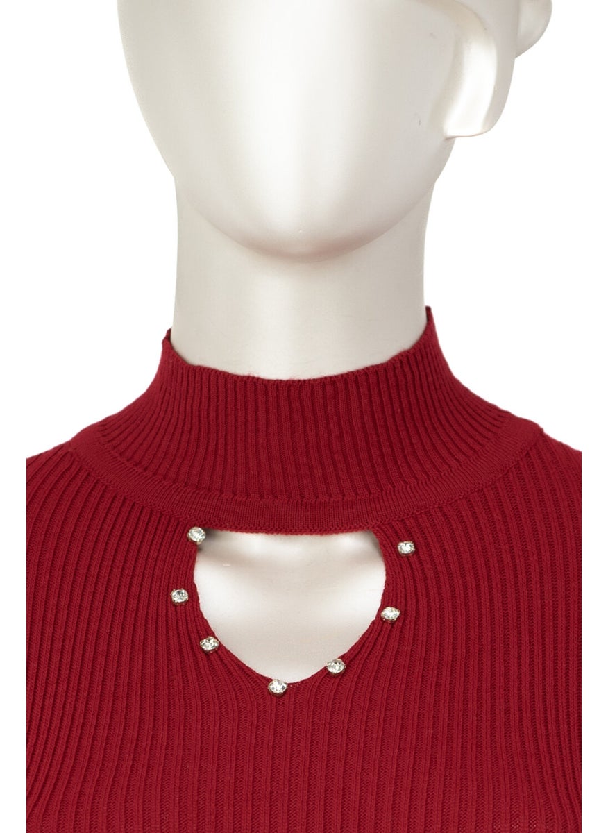 Women's Half Collar and Stone Long Sleeve Knitted Knitwear Sweater