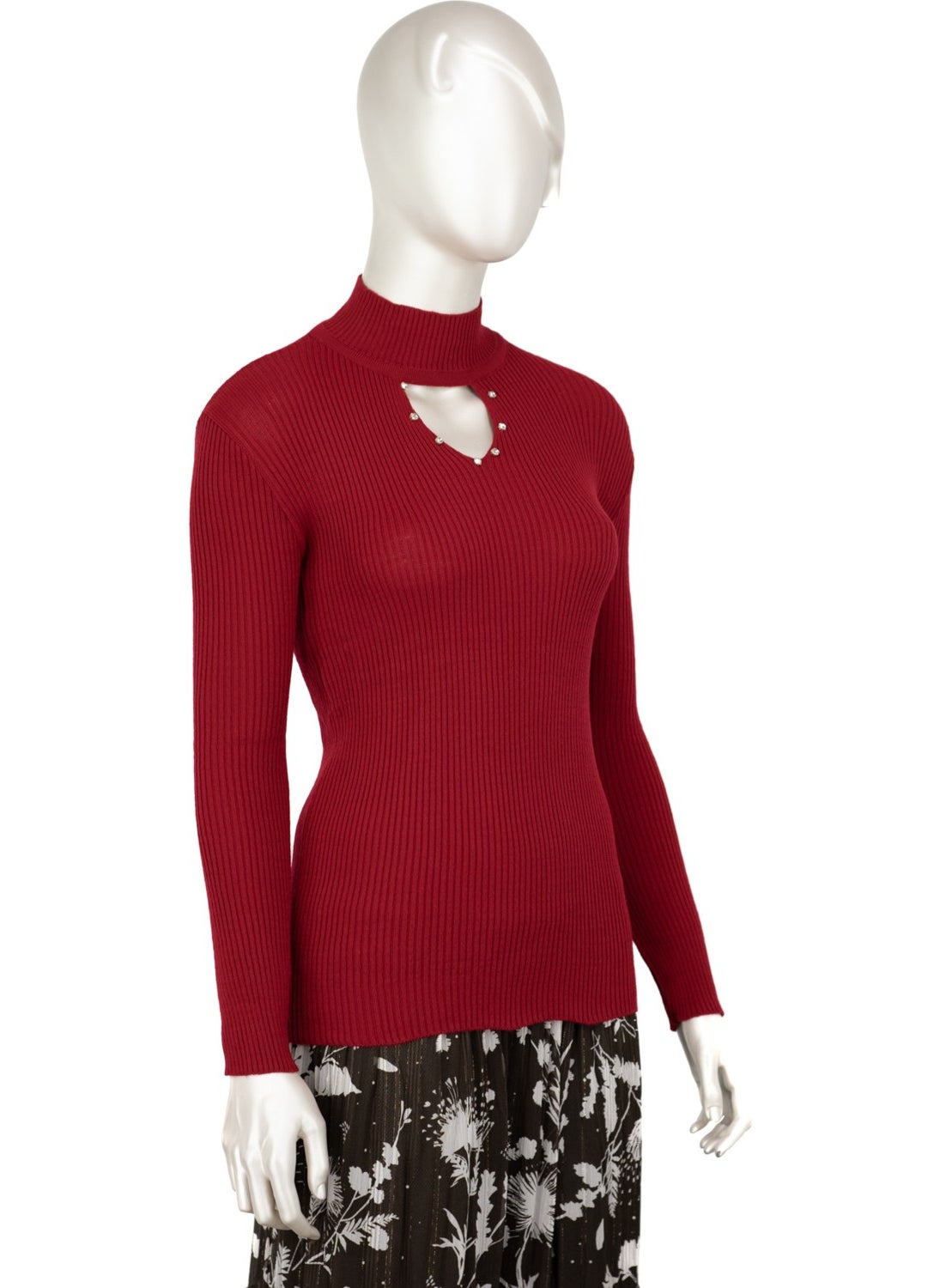 Women's Half Collar and Stone Long Sleeve Knitted Knitwear Sweater