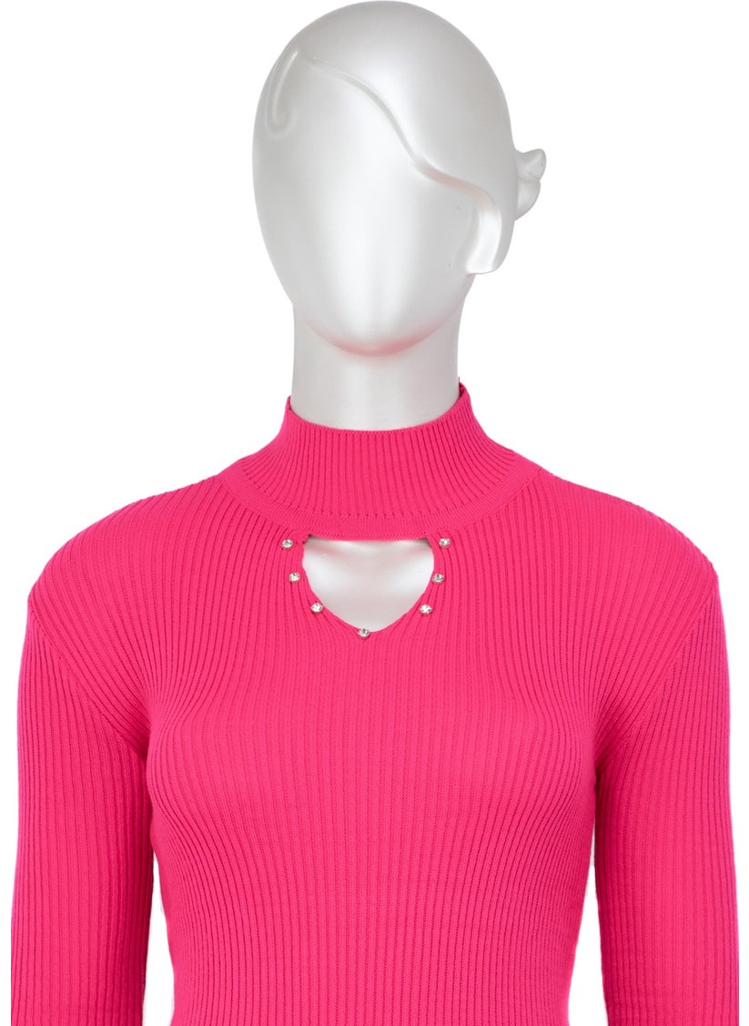 Women's Half Collar and Stone Long Sleeve Knitted Knitwear Sweater