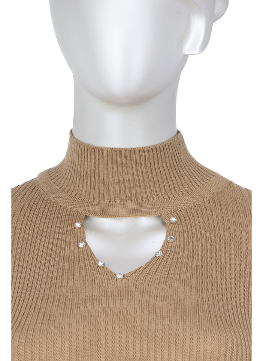 Women's Half Collar and Stone Long Sleeve Knitted Knitwear Sweater