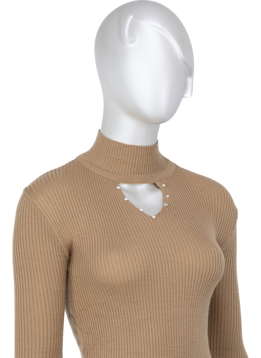 Women's Half Collar and Stone Long Sleeve Knitted Knitwear Sweater