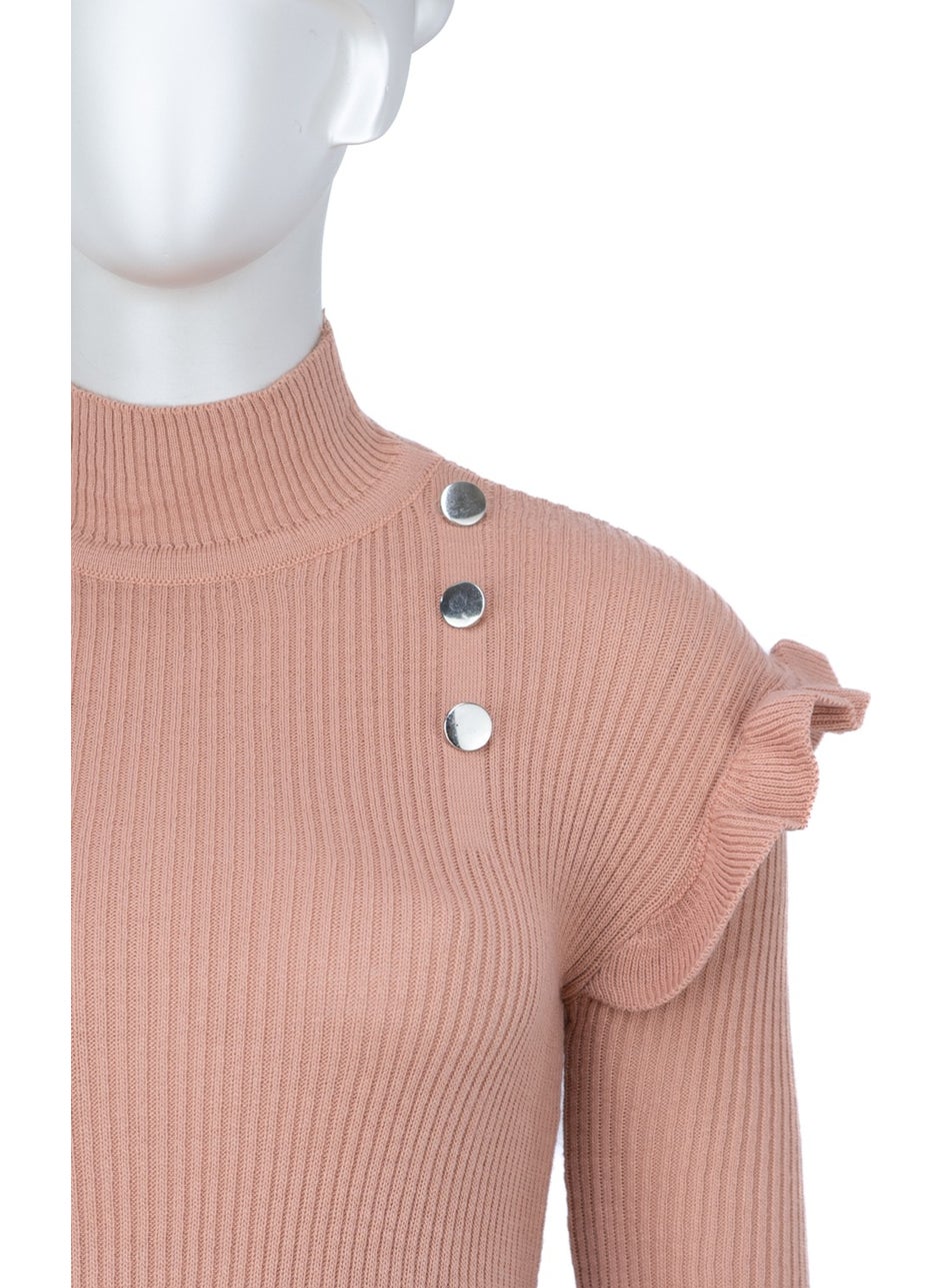 Women's Winter Sleeves Stylish Button Detailed Half Collar Ruffled Shoulders Long Sleeve Fitted Lycra Knitted Knitwear Badi Sweater