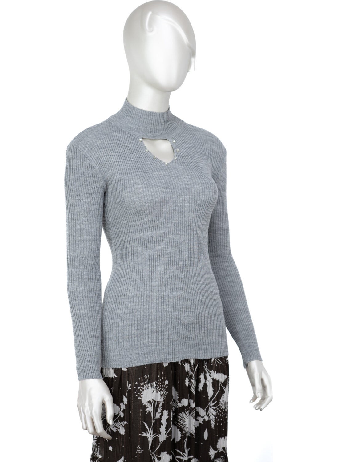 Women's Half Collar and Stone Long Sleeve Knitted Knitwear Sweater