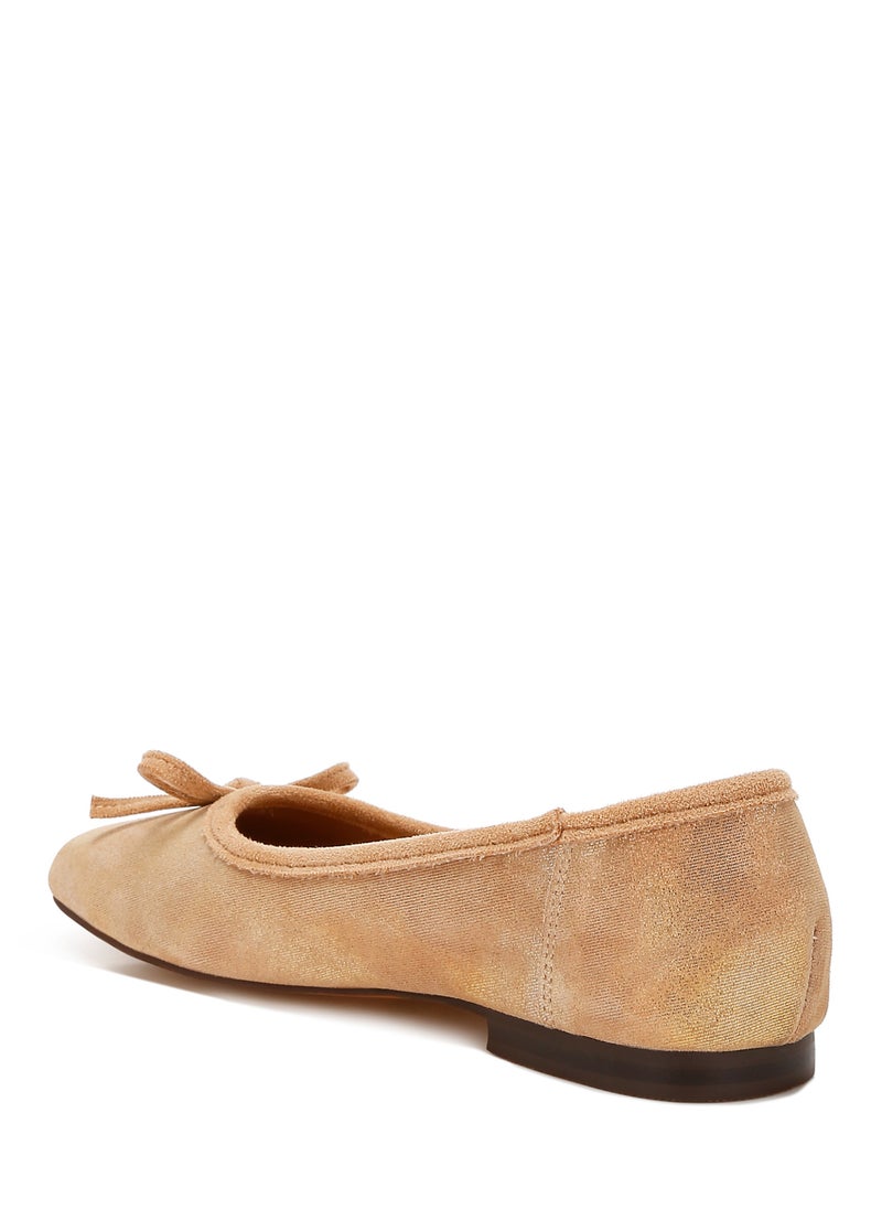 Beige Suede Bow Embellished Ballerinas