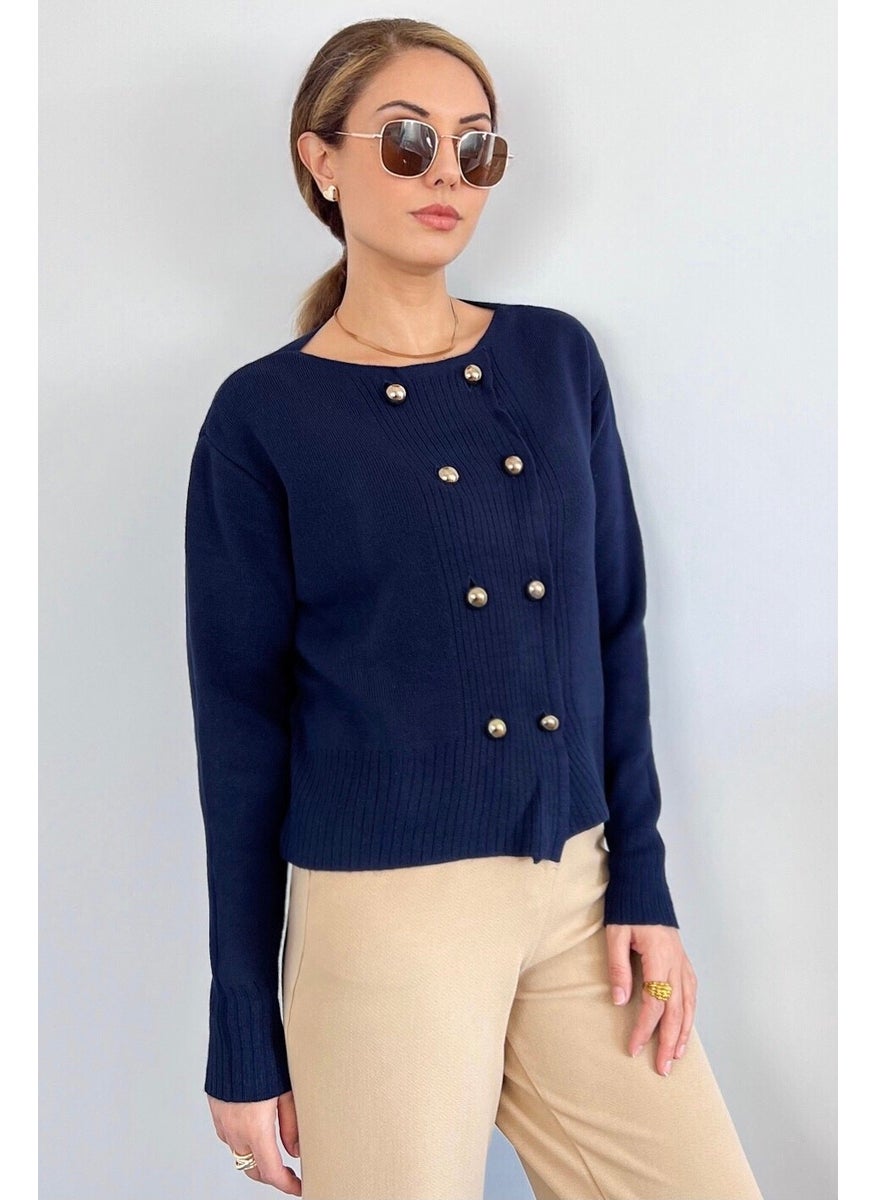 Women's Sima Gold Metal Buttoned Navy Blue Knitwear Cardigan