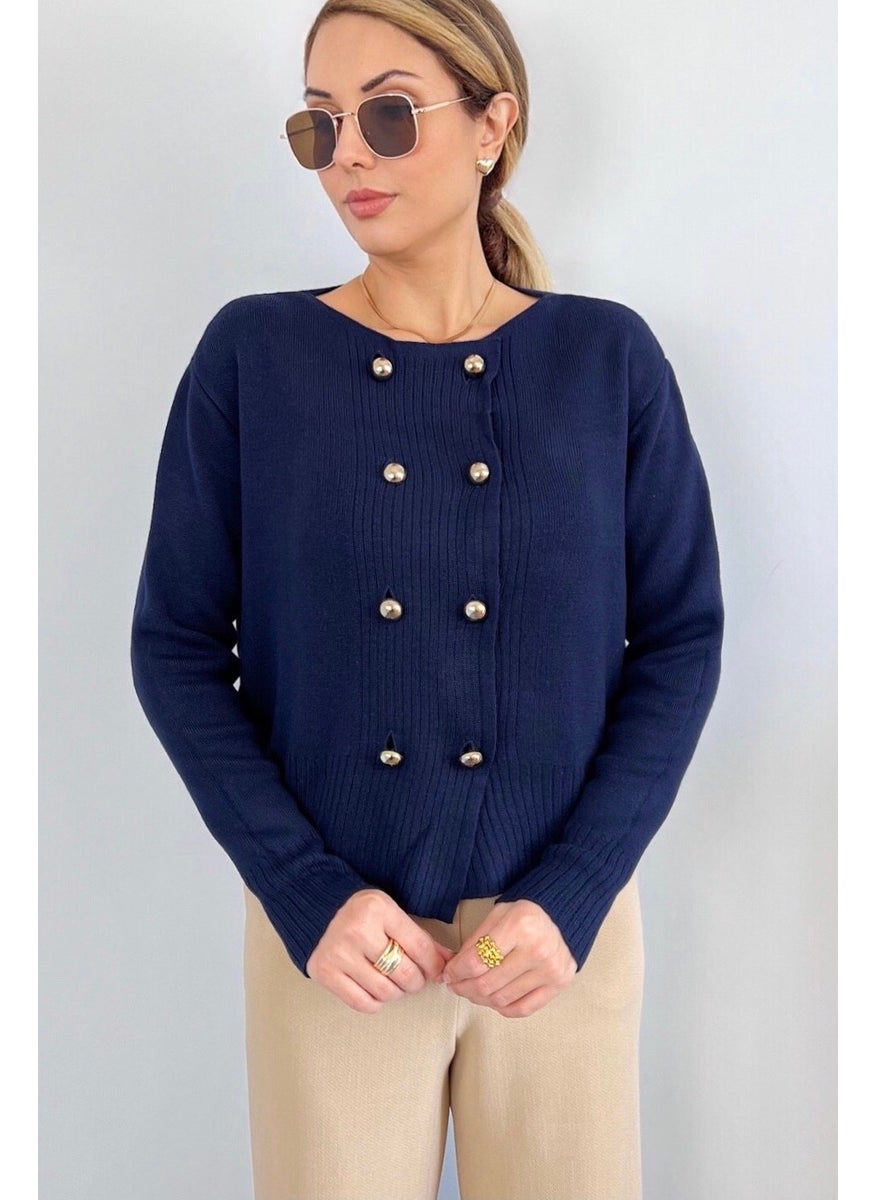 Women's Sima Gold Metal Buttoned Navy Blue Knitwear Cardigan