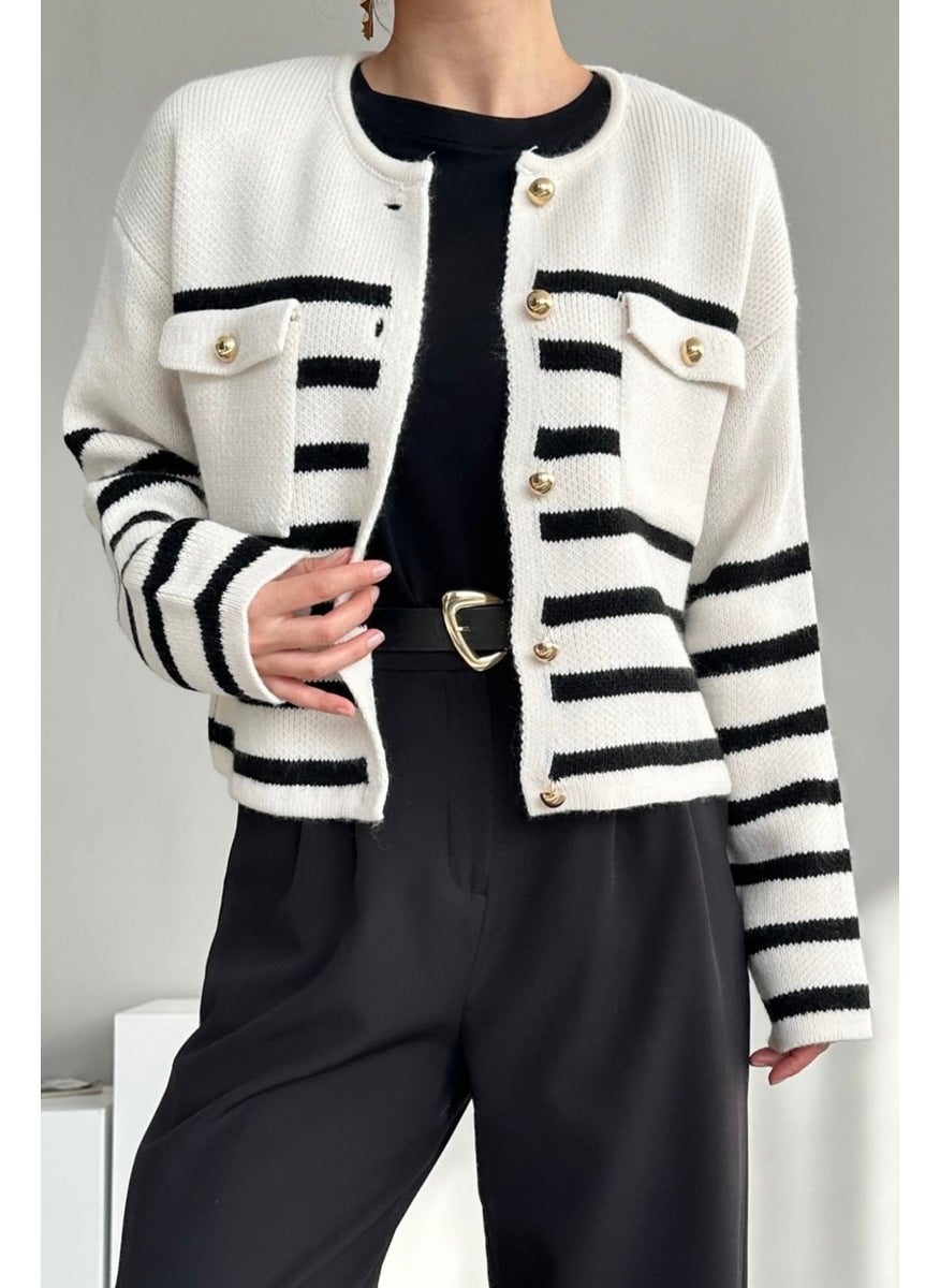 Women's Milena Ecru Black Striped Double Pocket Gold Buttoned Cardigan