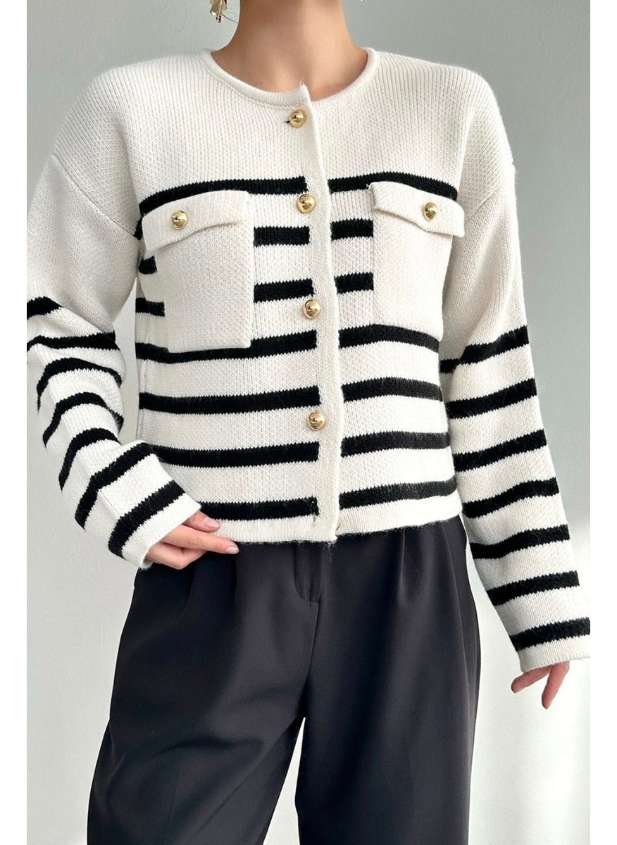 Women's Milena Ecru Black Striped Double Pocket Gold Buttoned Cardigan