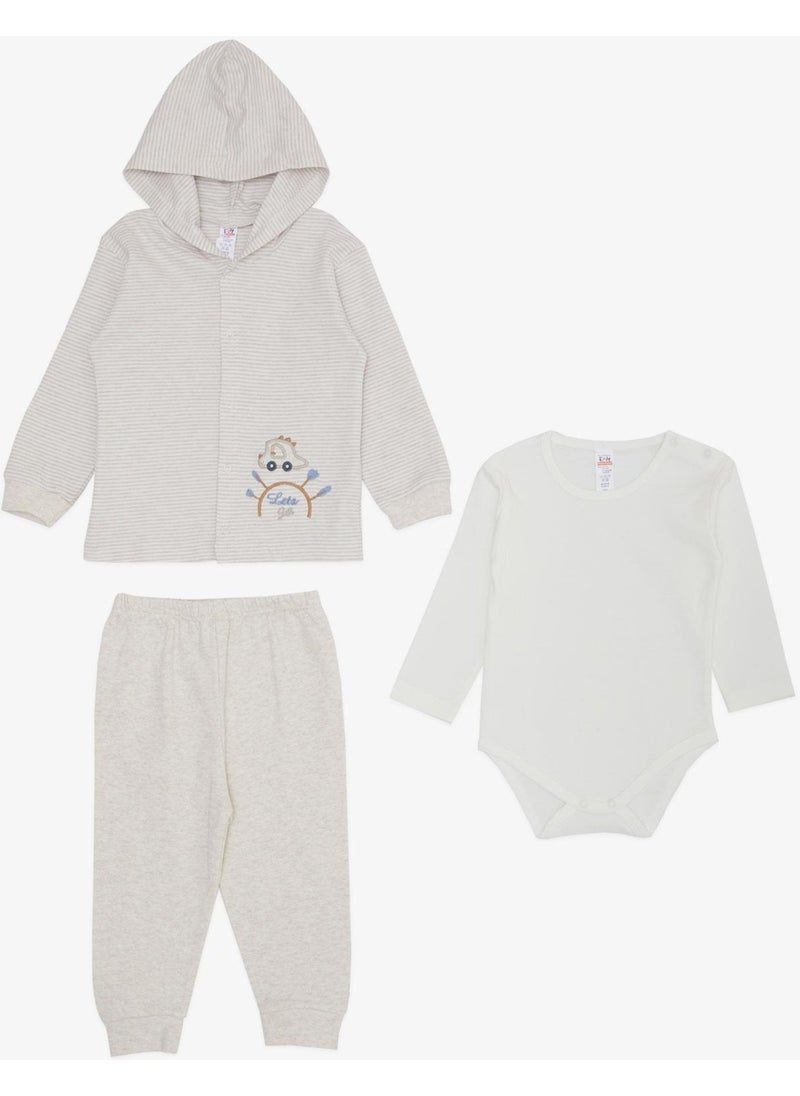 Breeze Baby Boy Bodysuit 3 Piece Set Travel Themed Car Embroidered 4 Months - 1 Year Old, Beige Melange