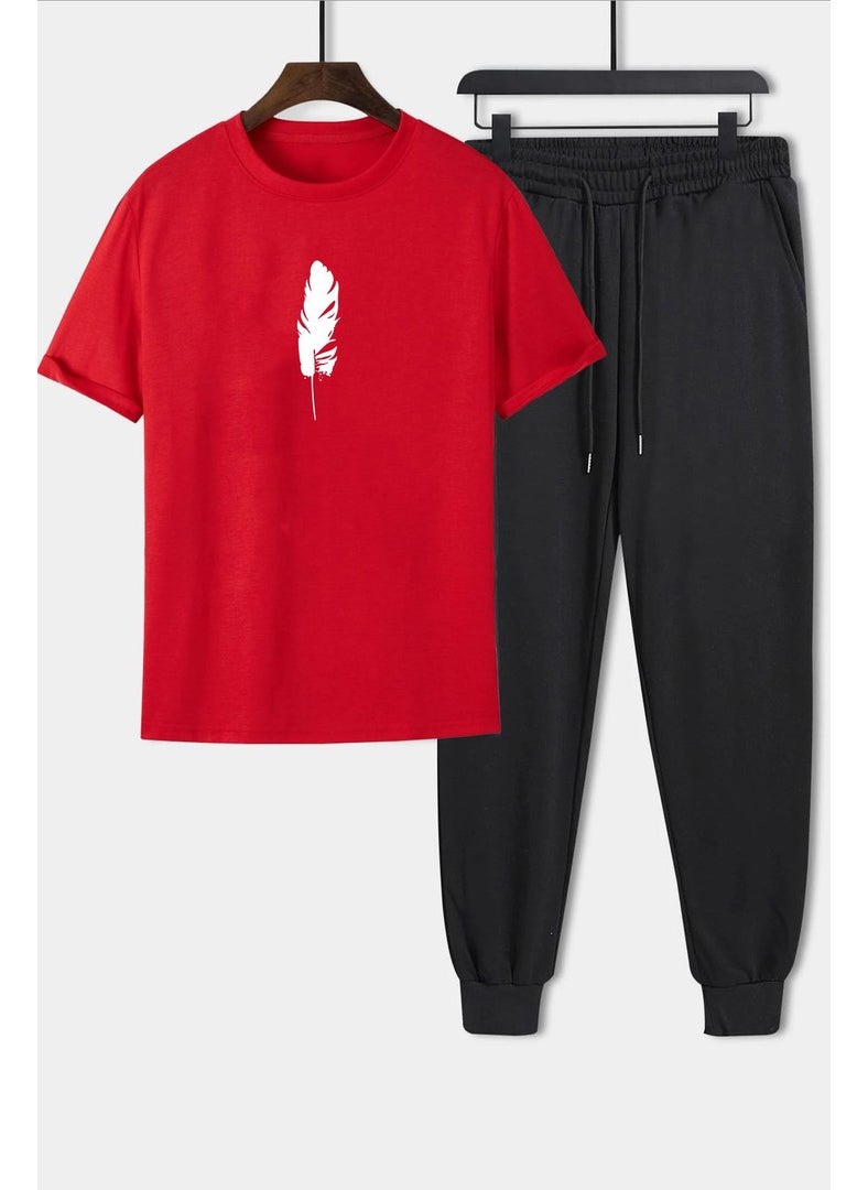 Unisex Feather Printed 2-Piece Tracksuit Set S.m. Red