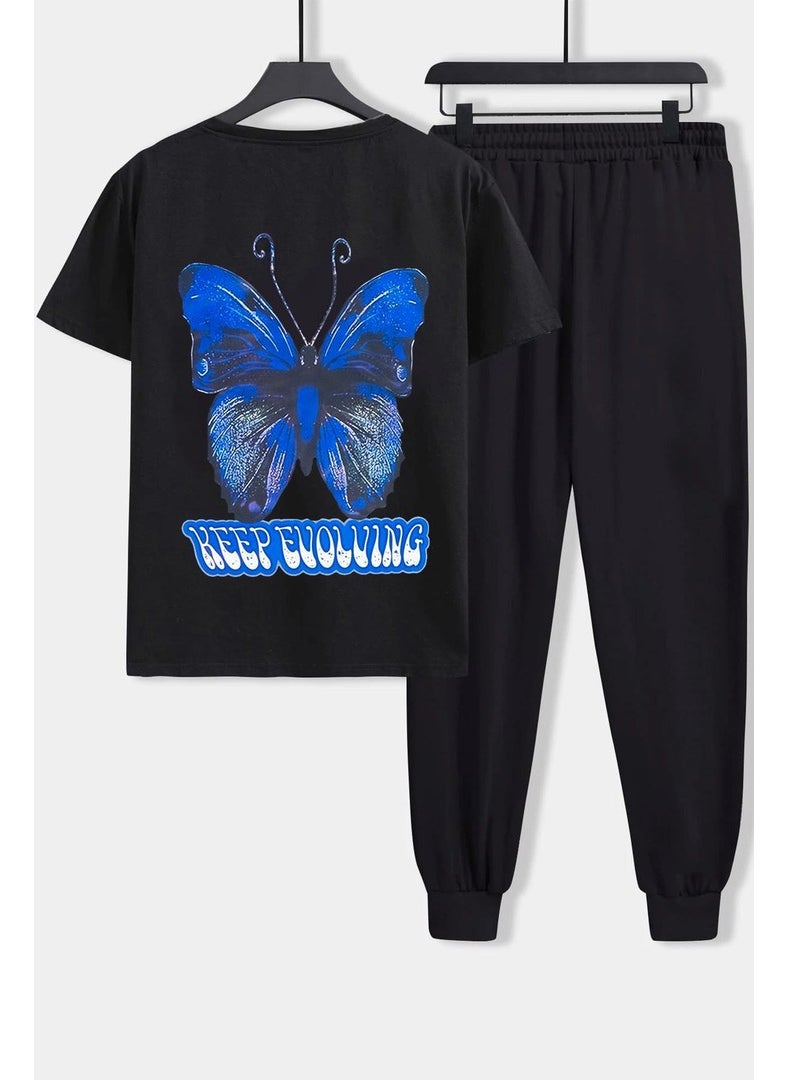 Unisex Butterfly Printed 2-Piece Tracksuit Set L. Black