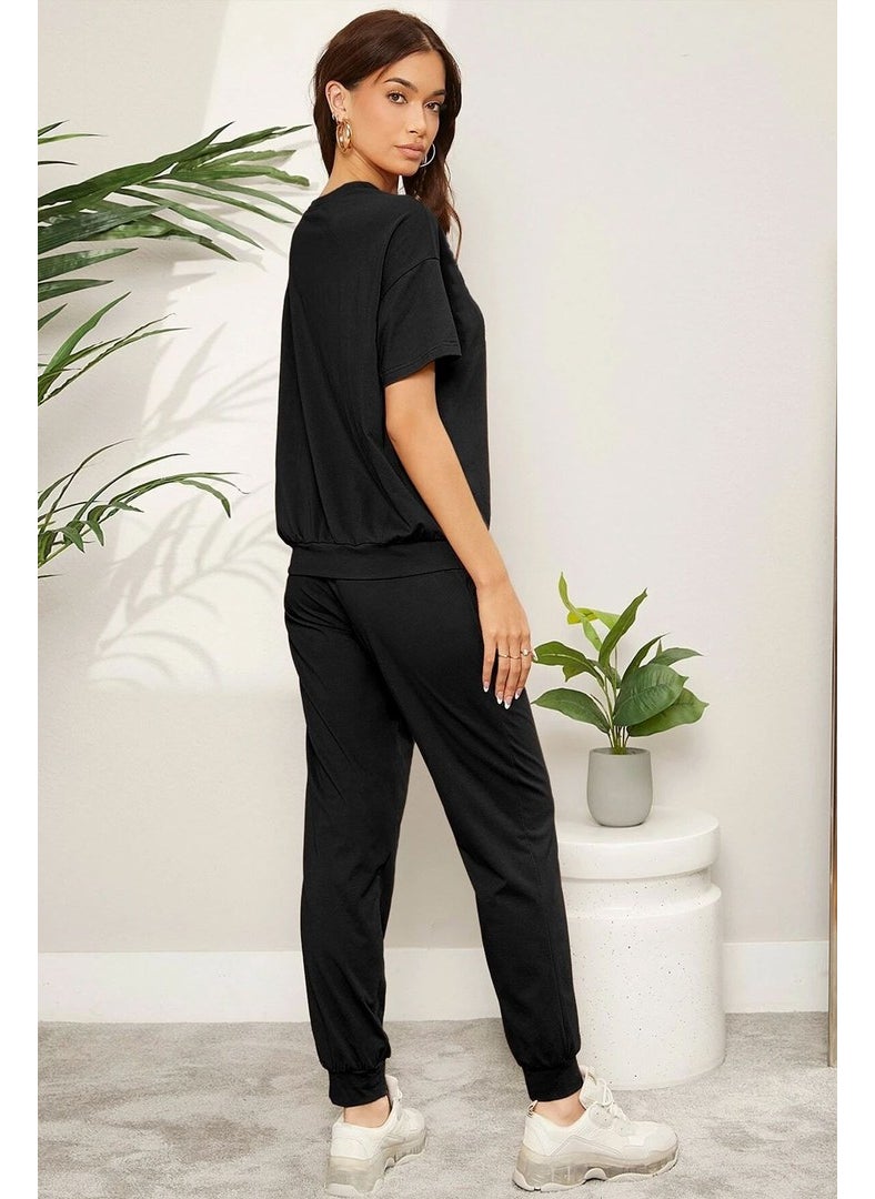 Unisex Woman One Line Printed 2-Piece Tracksuit Set S.m. Black