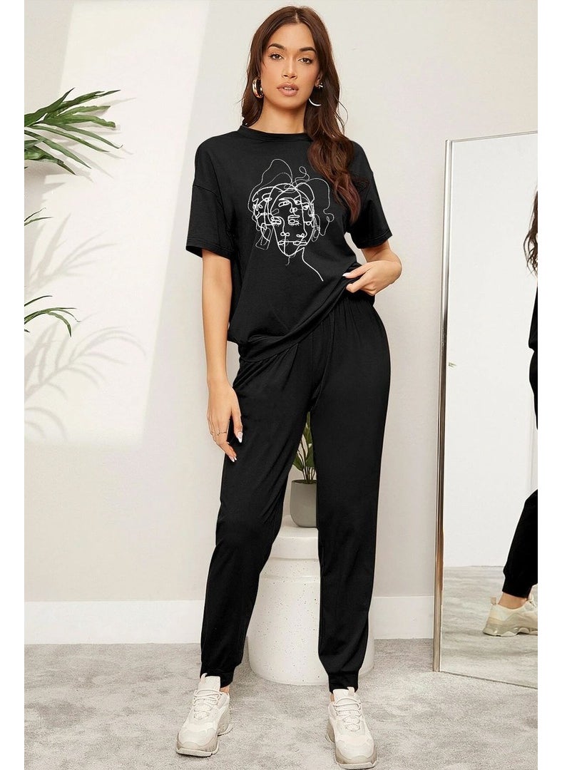 Unisex Woman One Line Printed 2-Piece Tracksuit Set S.m. Black