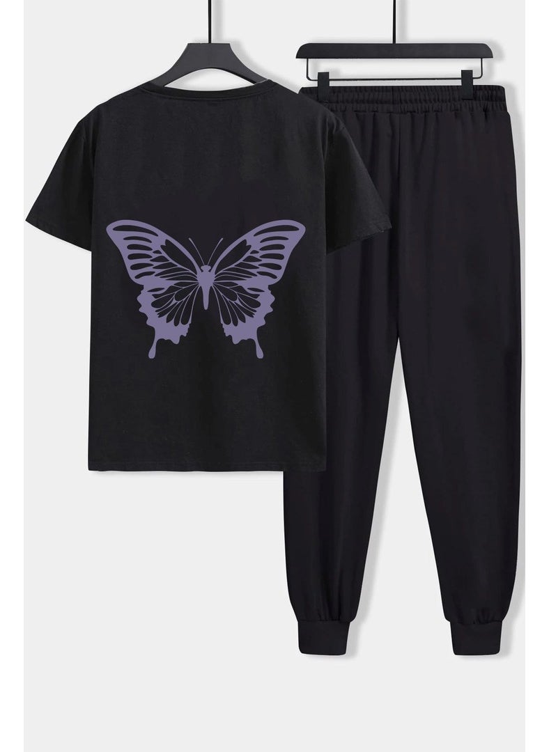 Unisex Butterfly Printed 2-Piece Tracksuit Set S.m. Black