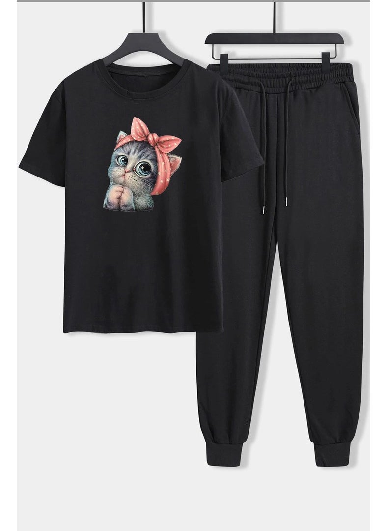 Unisex Cute Cat Printed 2-Piece Tracksuit Set S.m. Black