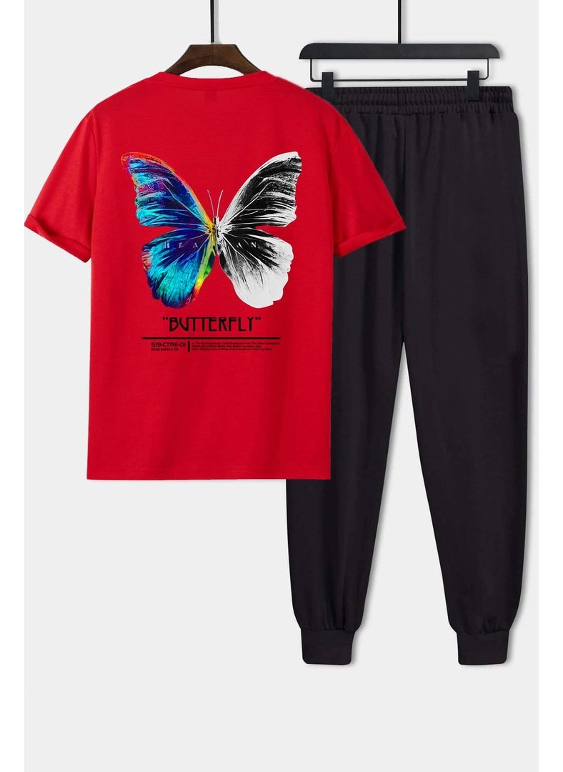 Unisex Butterfly Printed 2-Piece Tracksuit Set S.m. Red