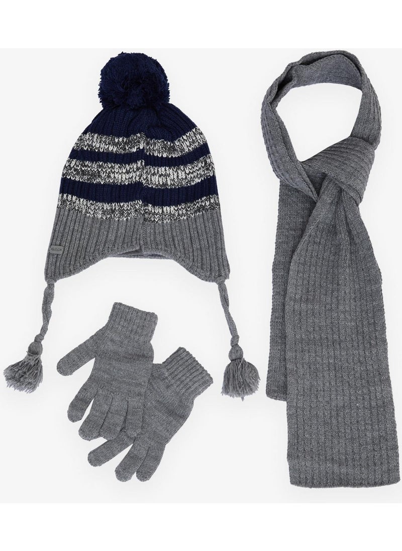 Breeze Boy's Scarf and Beret Set, 3 Piece Set, Style with Crest and Pompom, Age 4-8, Dark Gray Melange