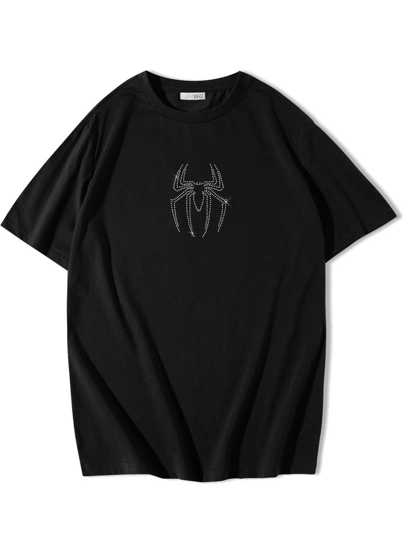 Oversize White Spider Crystal Stone Printed T-Shirt