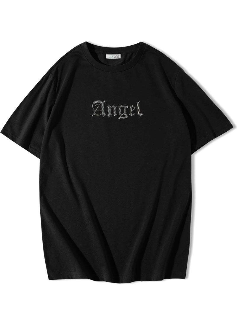 Oversize Angel Crystal Stone Printed T-Shirt