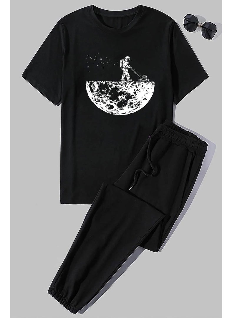 Unisex Space Themed Printed 2-Piece Tracksuit Set S.m. Black