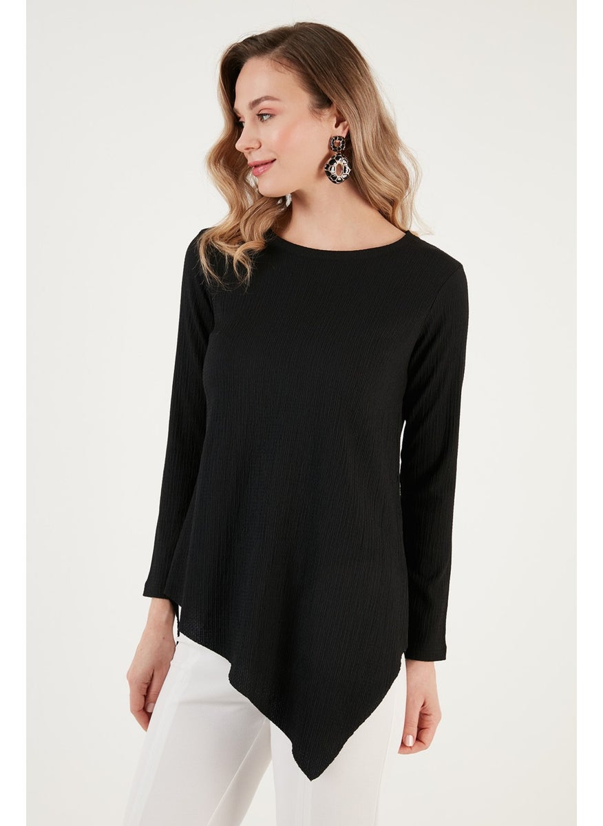 Crew Neck Stretchy Textured Asymmetric Blouse Women's Blouse 5864971