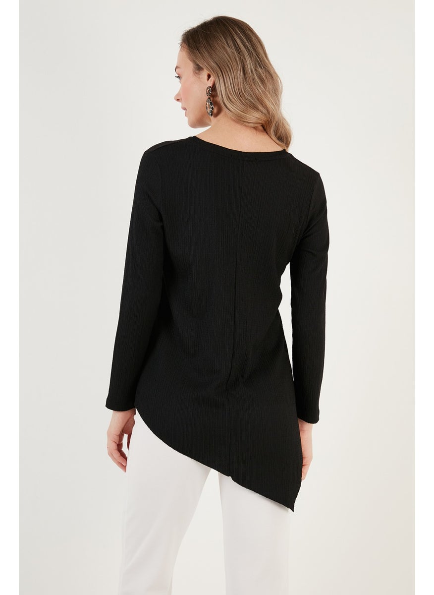 Crew Neck Stretchy Textured Asymmetric Blouse Women's Blouse 5864971
