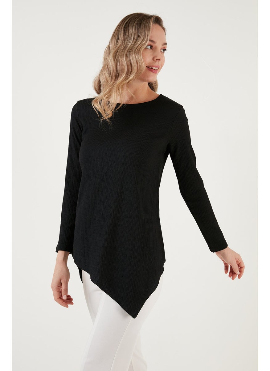 Crew Neck Stretchy Textured Asymmetric Blouse Women's Blouse 5864971