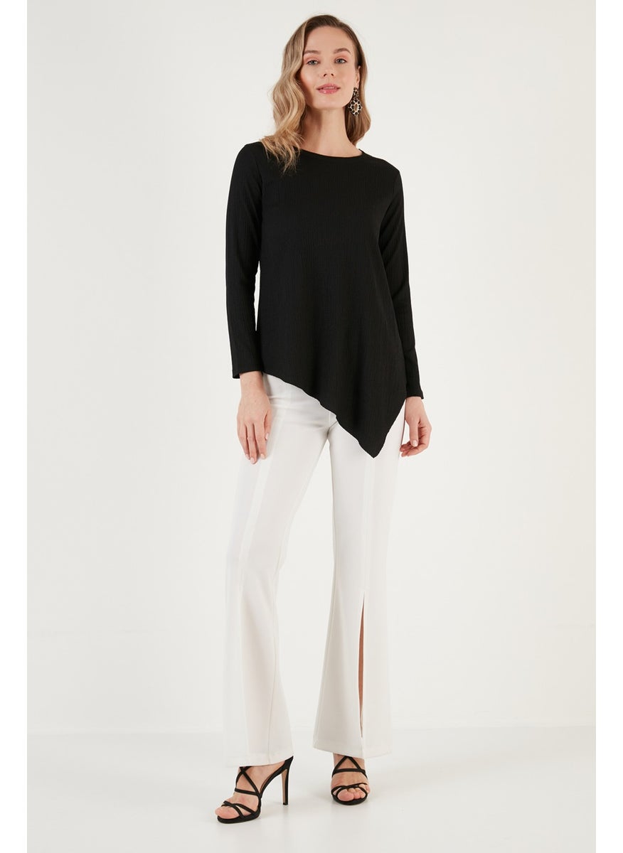 Crew Neck Stretchy Textured Asymmetric Blouse Women's Blouse 5864971