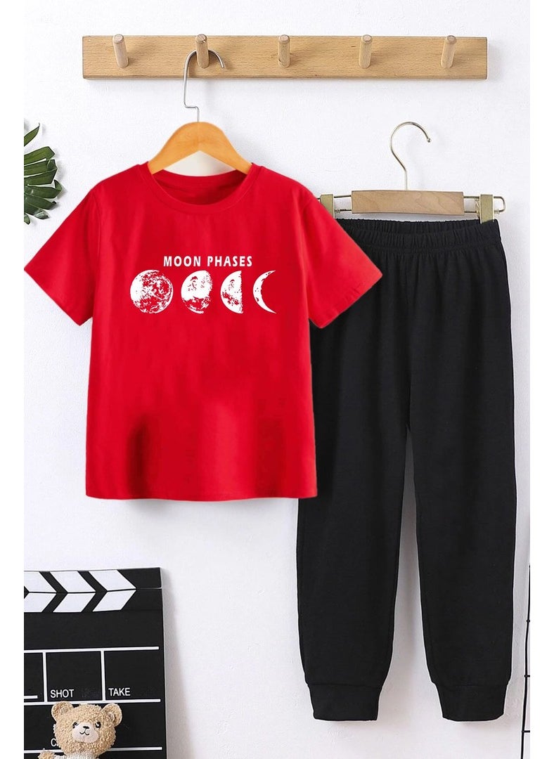 Kids Celestial Sun Moon Bottom - Top Tracksuit Set 3-4 Years Old Red