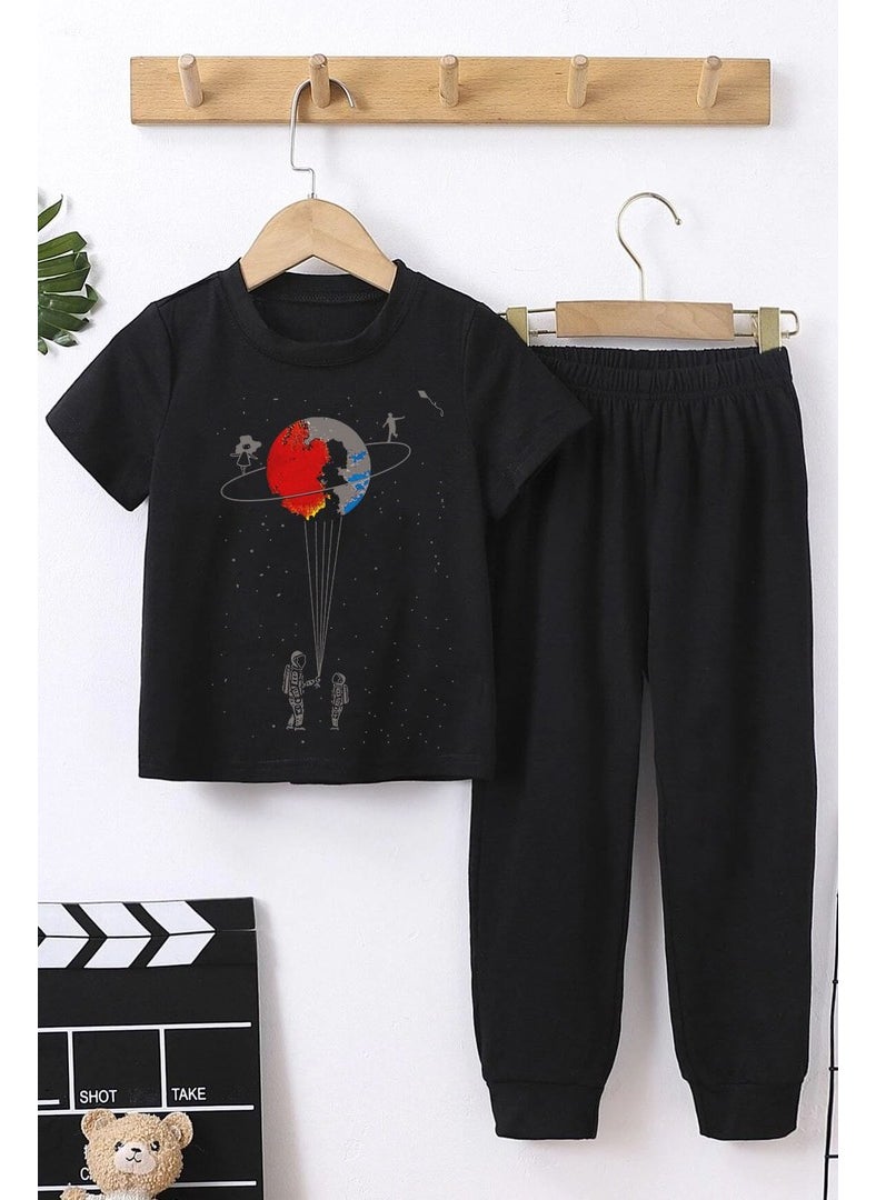 Childrens Universe Themed Bottom - Top Tracksuit Set 3-4 Years Old Black