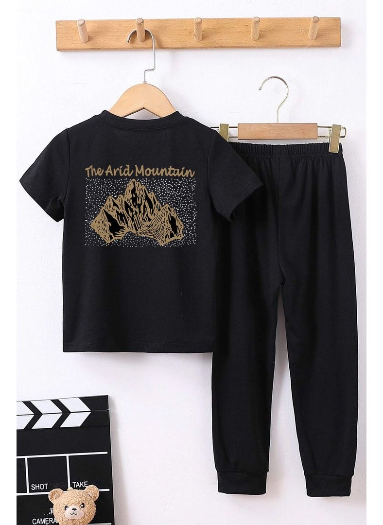 Childrens Arid Mountain Printed Bottom - Top Tracksuit Set 3-4 Years Old Black