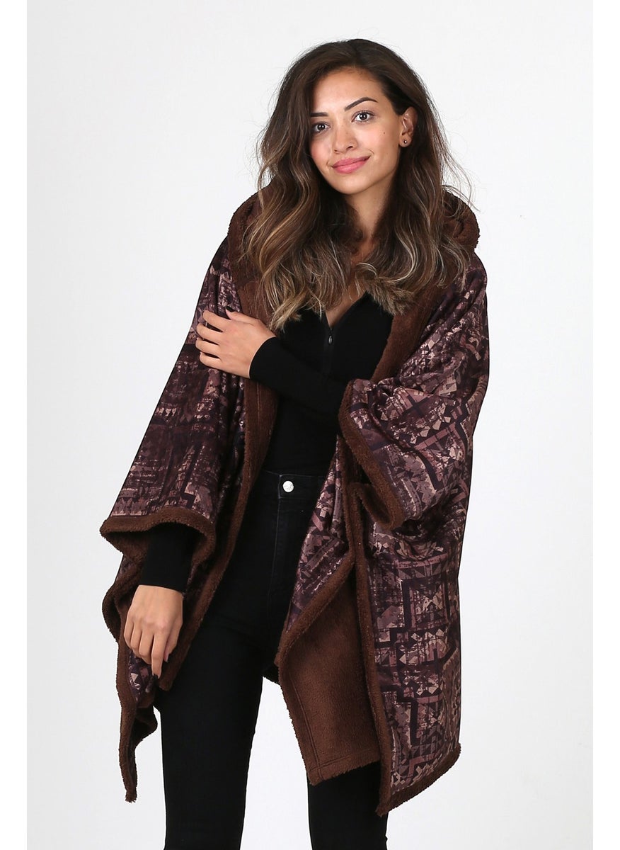 Dough Hooded Oversize Buttoned Inside Brown Plush Velvet Coat Wein KK-801