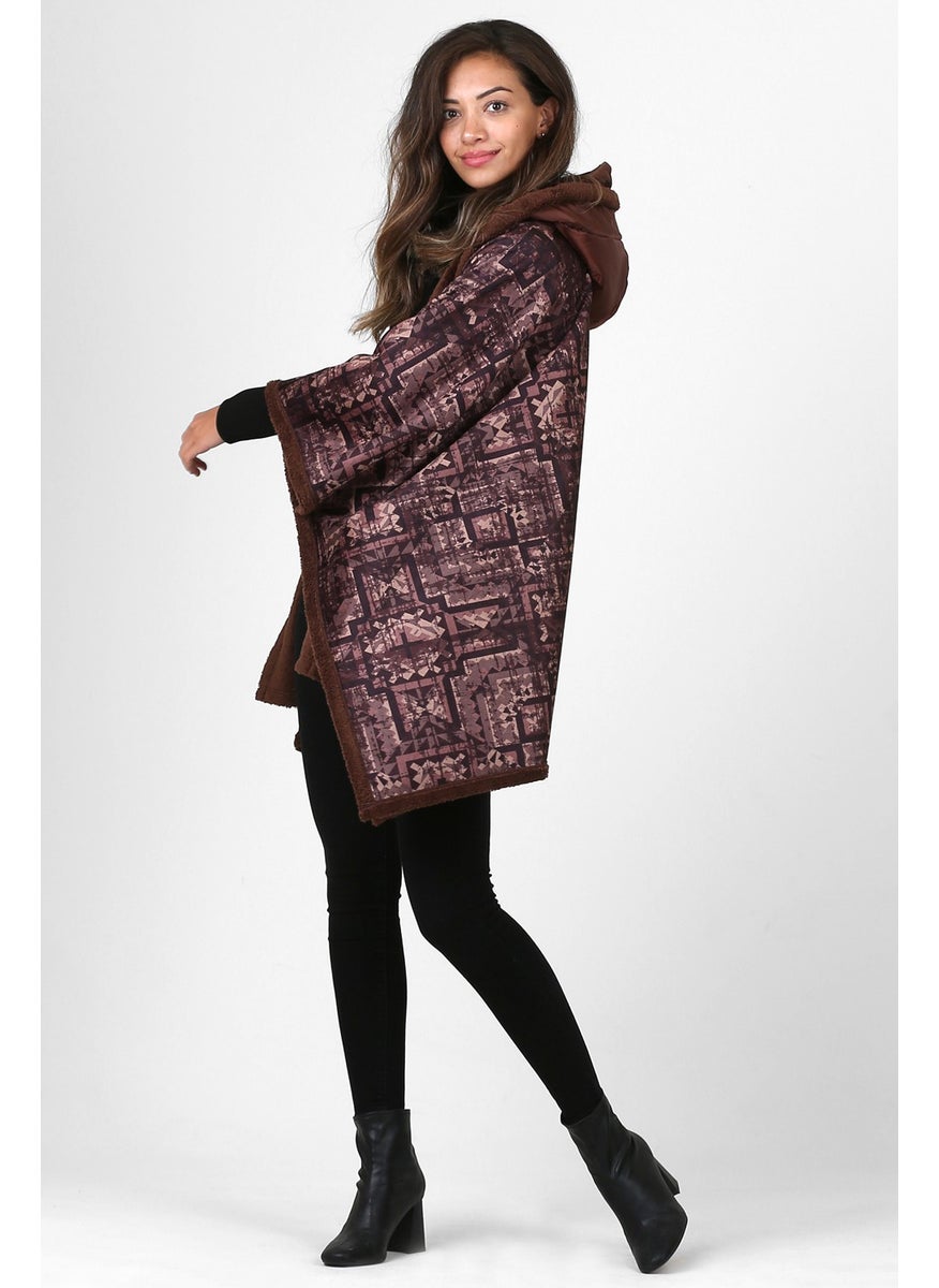 Dough Hooded Oversize Buttoned Inside Brown Plush Velvet Coat Wein KK-801