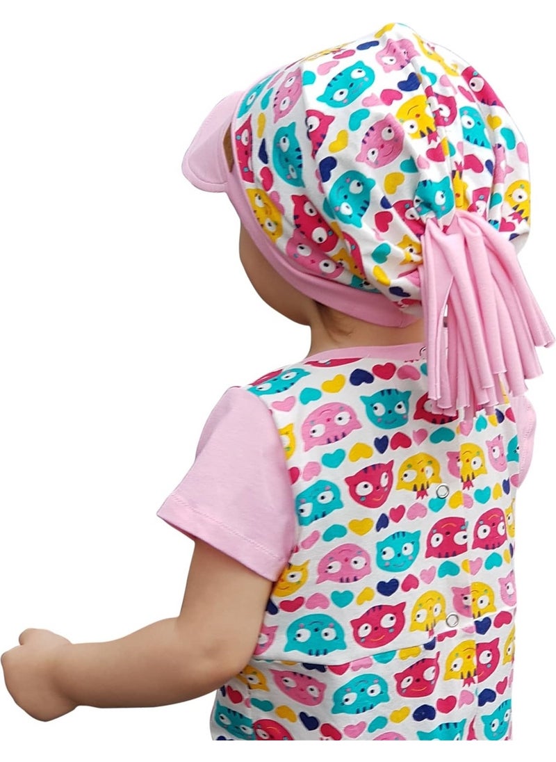 100% Cotton, Handmade, Extra Soft Baby Girl Child Visor Cat Pattern Hat Beanie