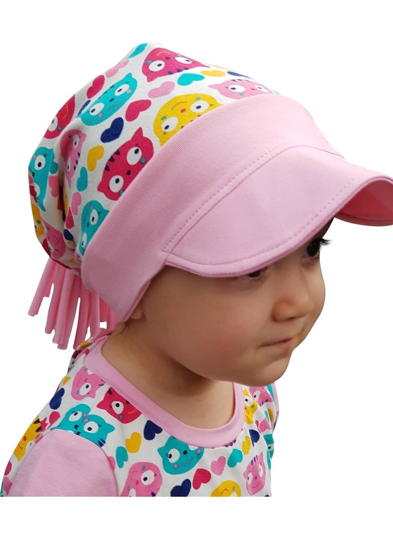 100% Cotton, Handmade, Extra Soft Baby Girl Child Visor Cat Pattern Hat Beanie