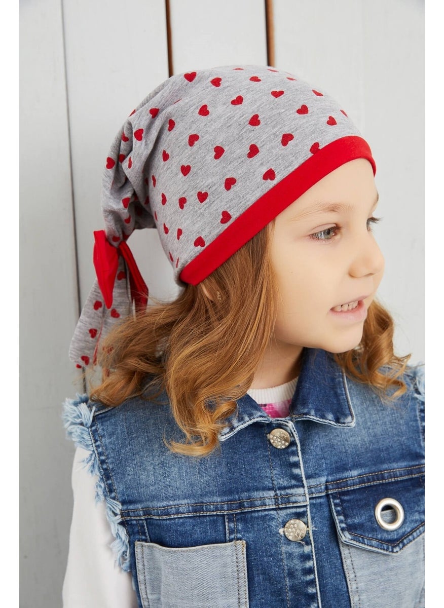 Girl's Gray Heart Patterned Hat Beanie Soft Double Layer Cotton Combed Cotton