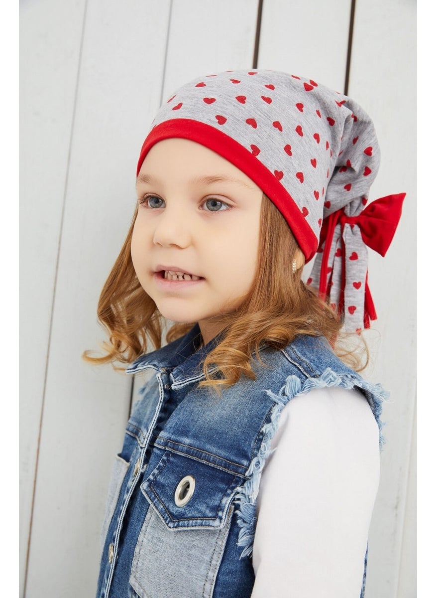 Girl's Gray Heart Patterned Hat Beanie Soft Double Layer Cotton Combed Cotton