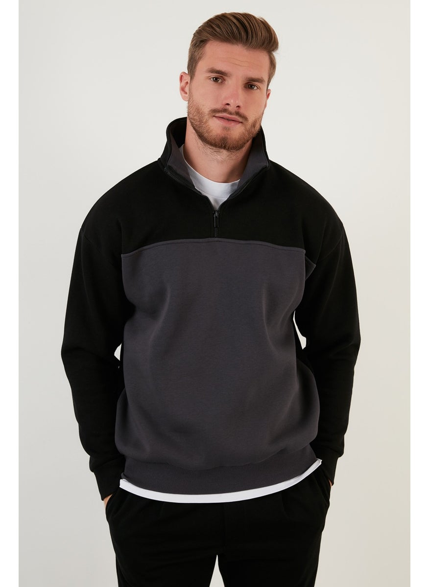 Regular Fit Zippered Stand-Up Collar with Furry Soft Raised Winter Sweat Men's Sweat 5905343