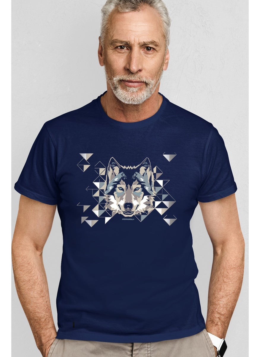 Geometric Navy Blue Wolf Short Sleeve Men's T-Shirt