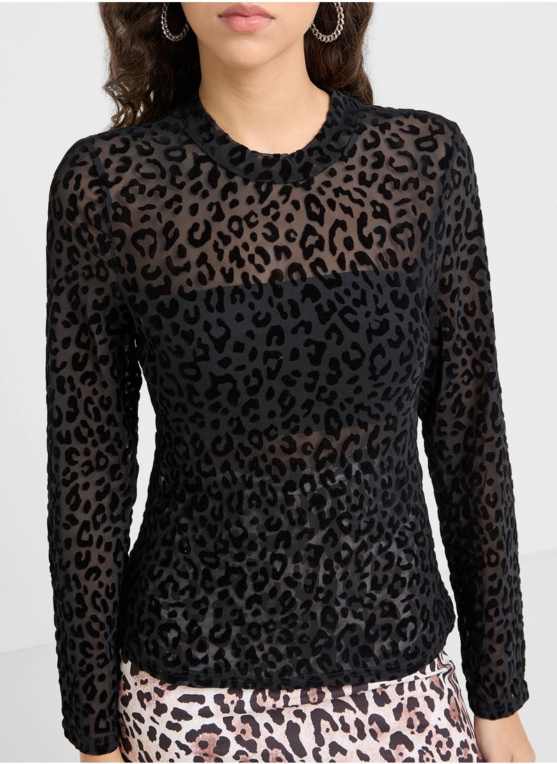 Sheer Leopard Print Fitted Top