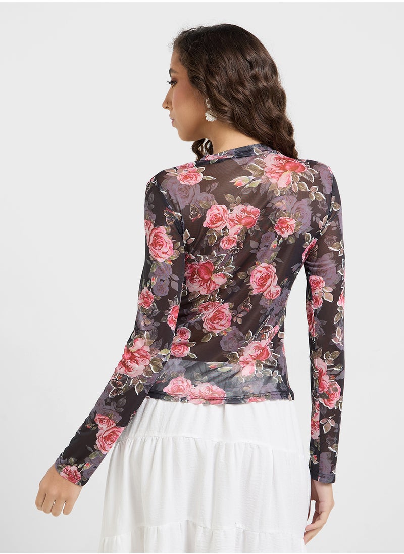 Mesh Rose Print Fitted Long Sleeves Top