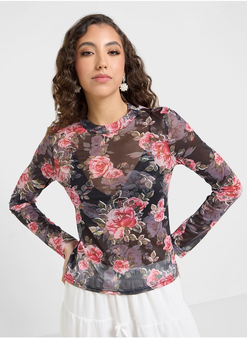 Mesh Rose Print Fitted Long Sleeves Top