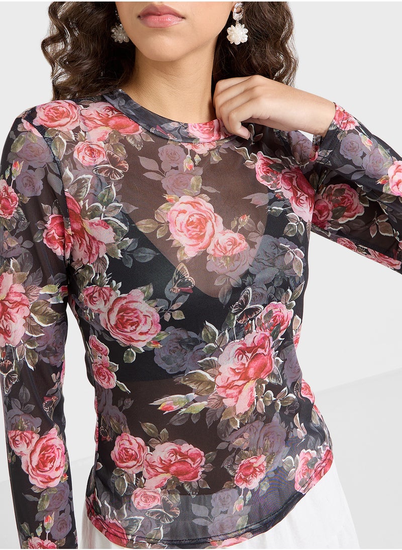 Mesh Rose Print Fitted Long Sleeves Top