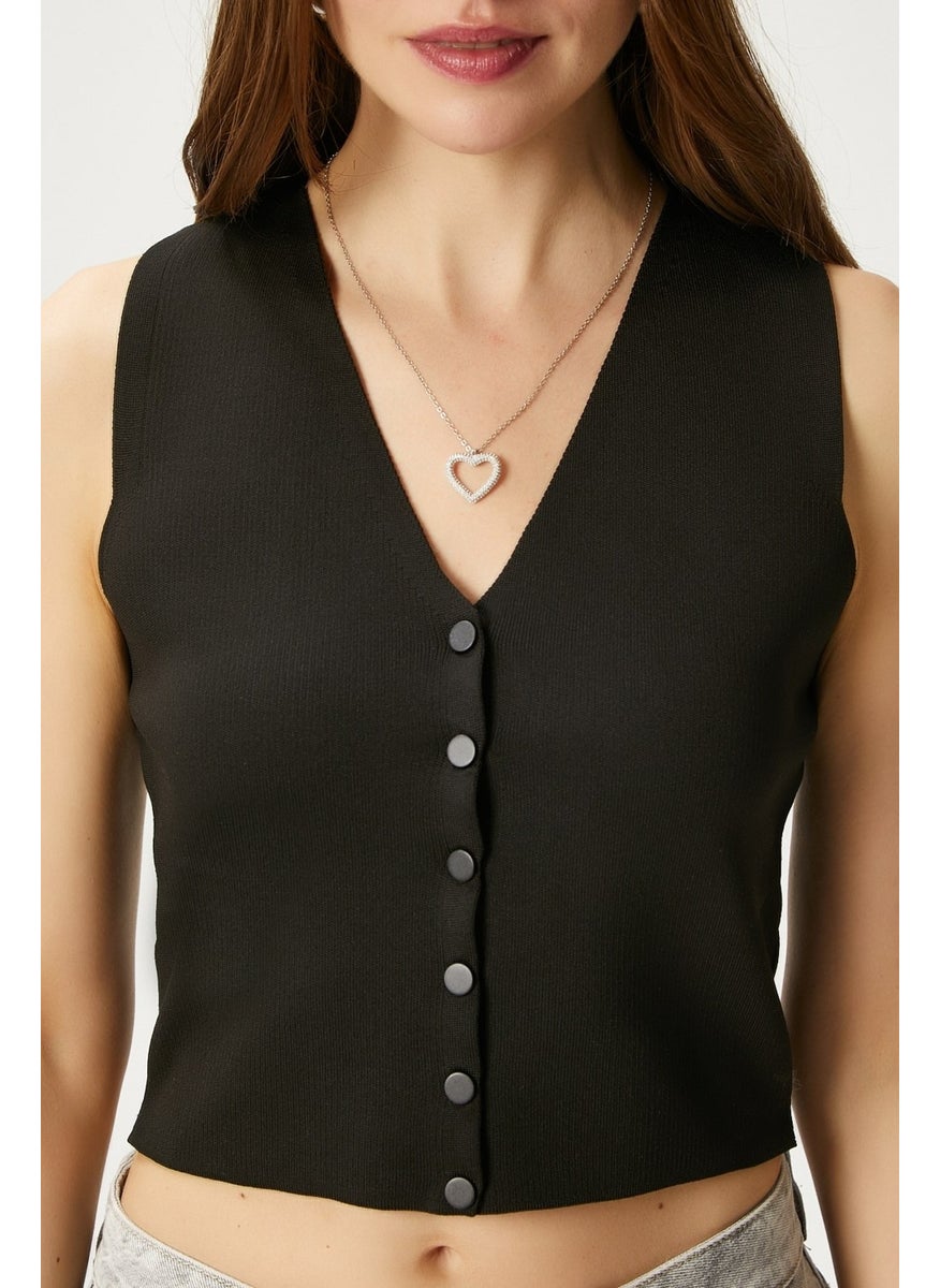 Women's Petite Snap Crop Black Knit Vest