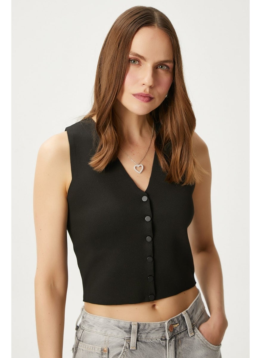 Women's Petite Snap Crop Black Knit Vest